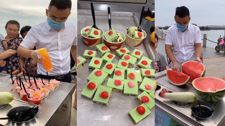Street Food In China : Fruit Ice Cream Fried With Cherry / Sweet ice cream / Ice Cream Roll