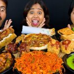 Spicy Noodles, Chilli Momo, Tandoori Chicken, Eggroll, Burger, Sandwich Street Food Eating Challenge